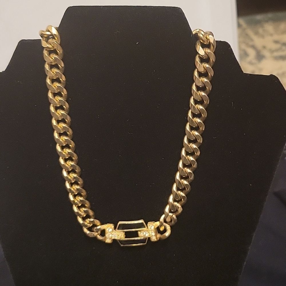 Vintage Heavy Gold Tone Necklace with Black and Rhinestone - 16 in